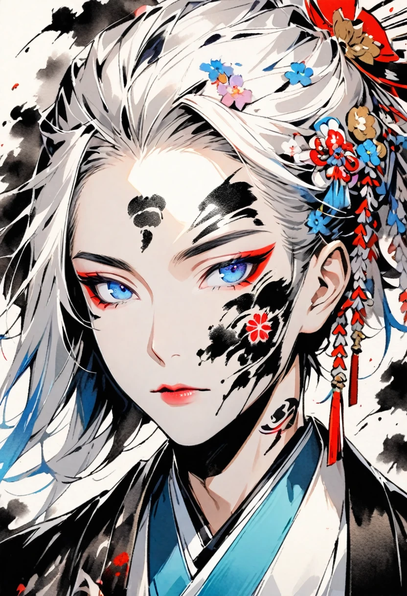 (((Ink Painting))), ((Japanese style)), (((Japanese pattern tattoo on face))), ((boy)) Face close-up, face, gorgeous hair accessory,beautiful blue eyes, white hair, Japanese, Bright colors