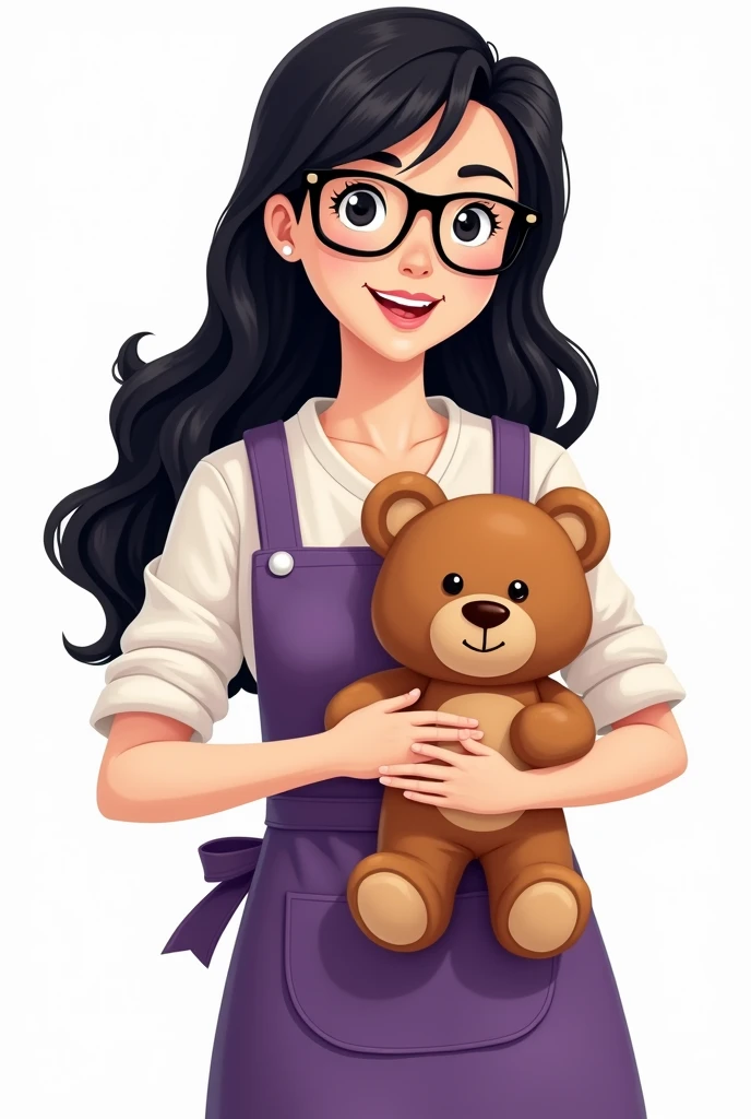 a woman with long black hair with black glasses wearing a purple teacher&#39;s apron holding a handmade teddy bear in cartoon format with white background