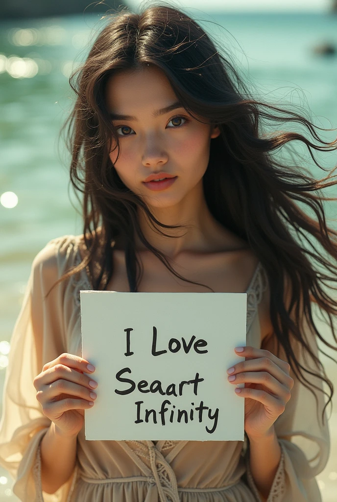 Beautiful girl with wavy long hair, bohemian dress, holding a white board with text "I Love Seaart Infinity" and showing it to the viewer