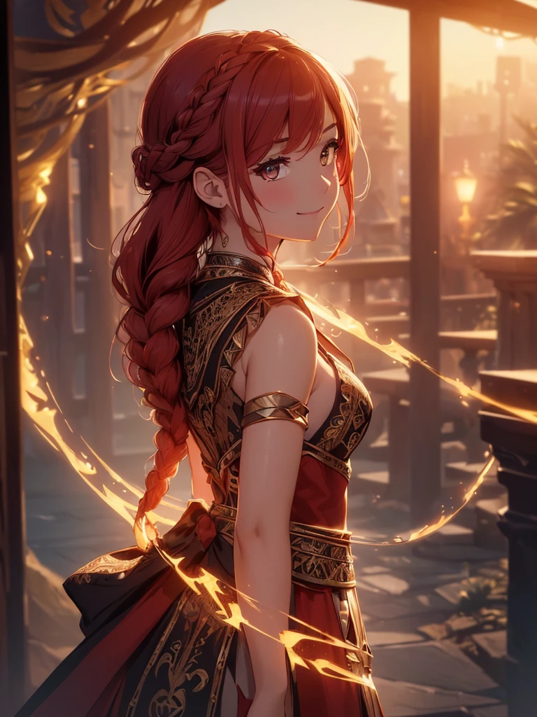 (((best quality, sharp image, clear image, cinematic lighting, 8k resolution, masterpiece, ultra detailed, intricate))) Girl, alchemist, cute, intricate dress, braided hair, smiling, fiery red, ((intricate background)), (keltic frame), otherworldy, sideview