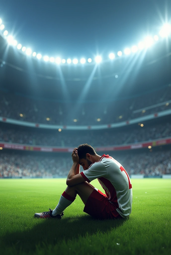 Sad player crying sitting on the lawn in the stadium with others