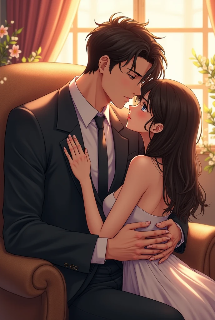 Anime tall brunette male in suit cuddling with his smaller brunette girlfriend in his office on a chair 