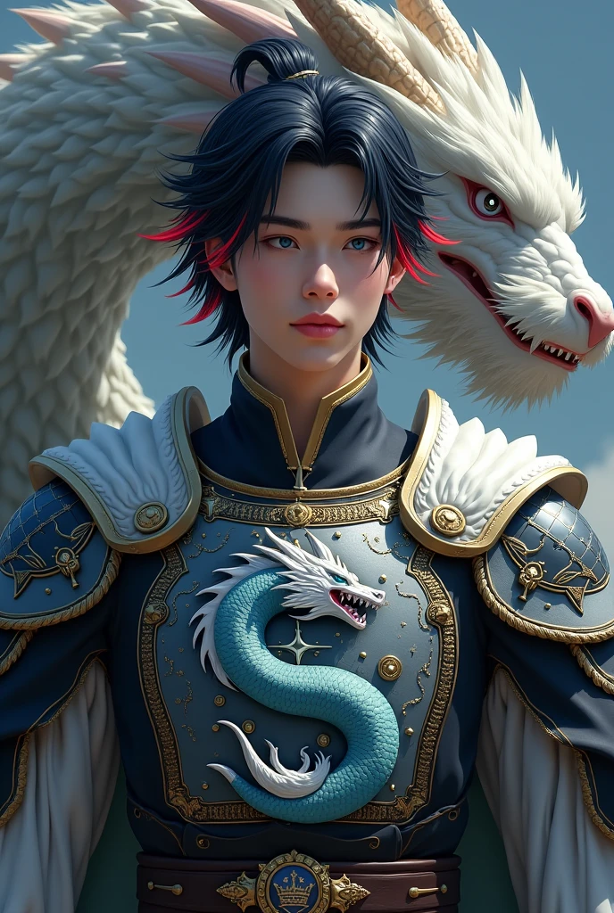A white-skinned prince, Medium length black hair with red tips. Blue eyes, pink lips and a dragon behind him. He will have a warrior outfit and on the chest of his outfit there will be the logo of a dragon head and a wing