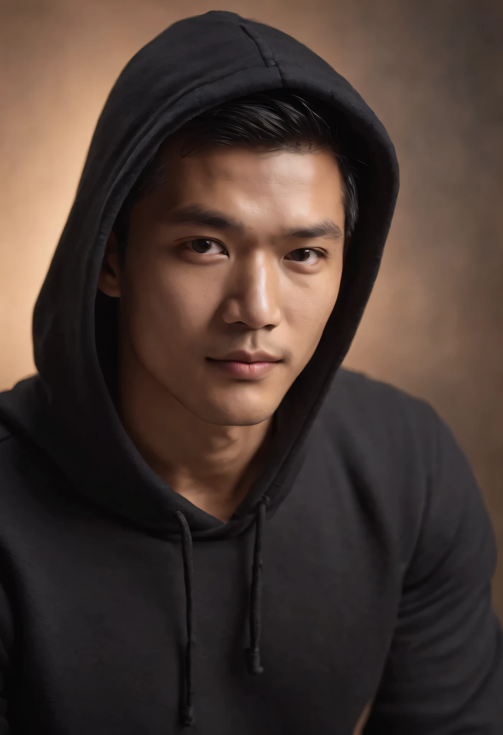 a 3d image of a mysterious Asian, brownish-skin man wearing a black hoodie