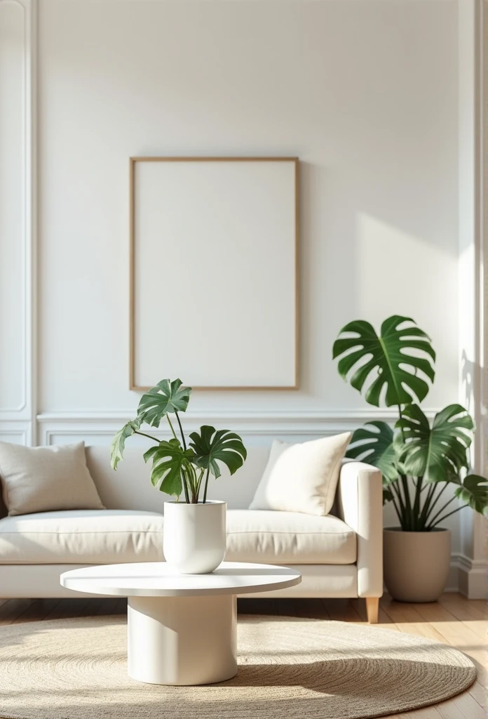 In a large bright living room，carding、Coffee table minimalist style，In the middle is a large pot of white monstera