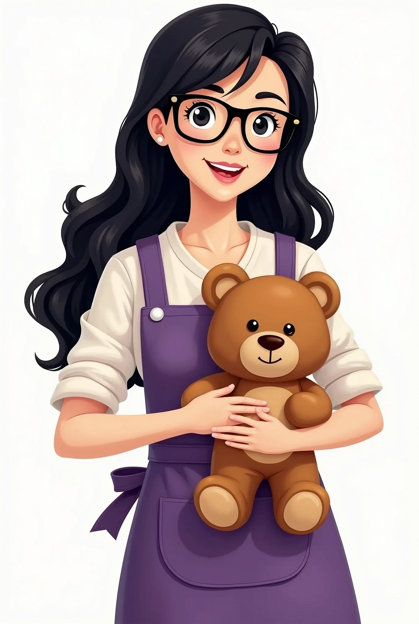 a woman with long black hair with black glasses wearing a purple teacher's apron holding a handmade teddy bear in cartoon format with white background