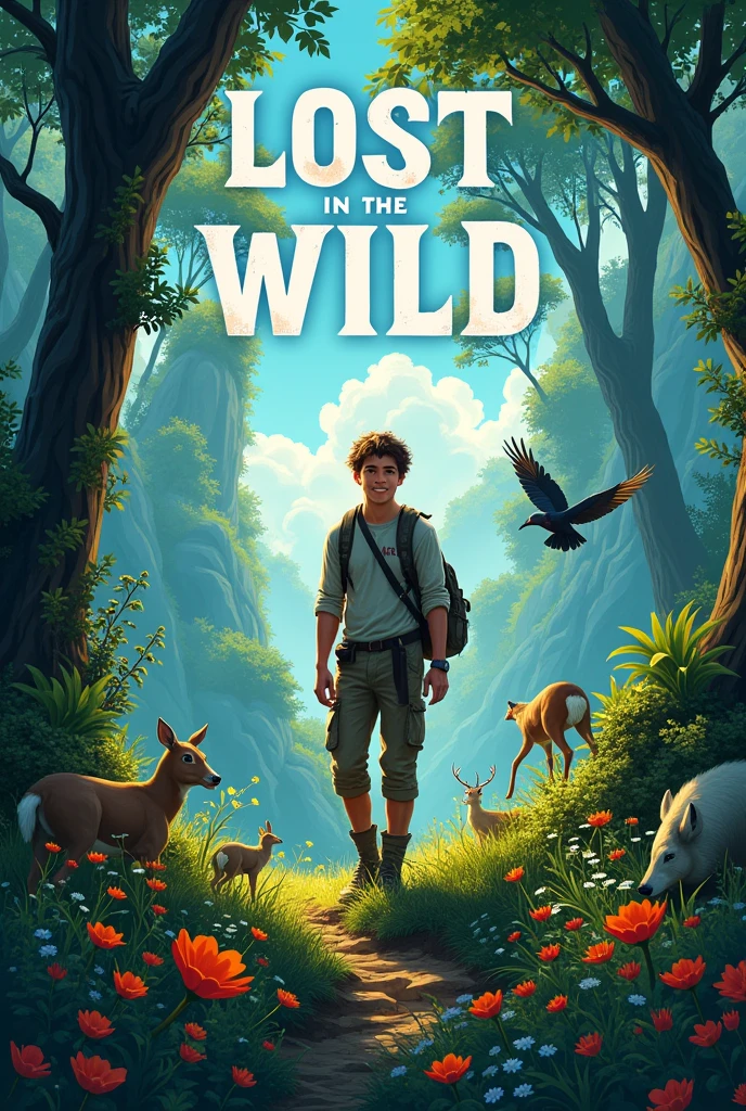 A cover with the title LOST IN THE WILD in nature and decorated with animals and nature around it and with a young man standing in front of it