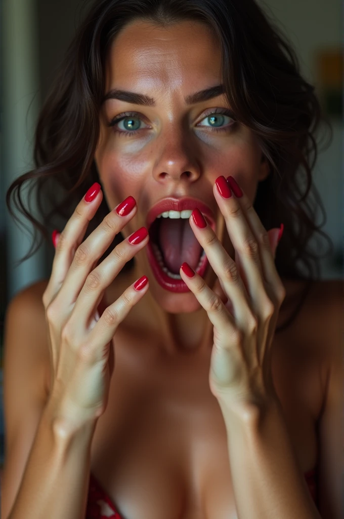 A woman masturbating with red nails and her hands in her pussy, coming out with her throat and her breasts out and her face all wet