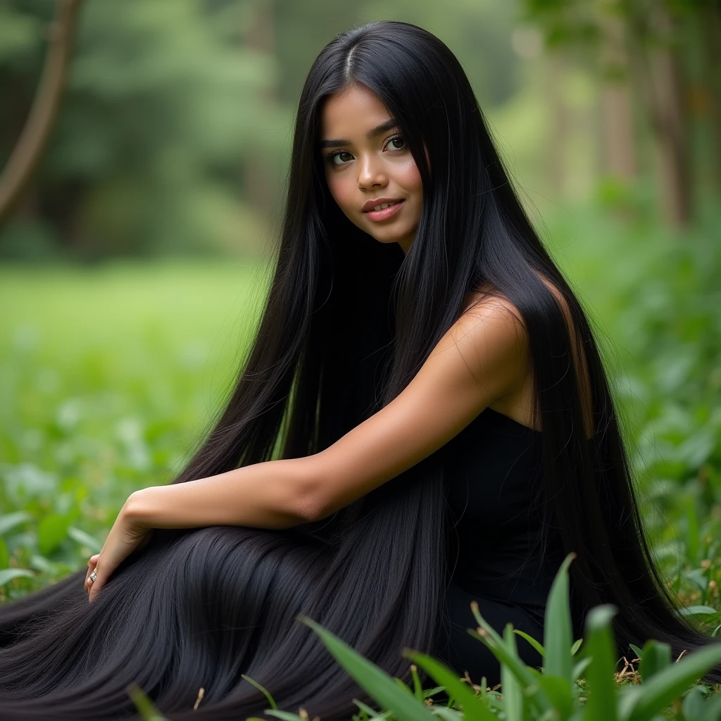 (Highest quality。Real Photo、16K)One beautiful woman with a beautiful face and well-defined features boasts ultra-long hair that is over 5 meters long and a large amount of black hair.。Sit on the grass。Full body photo。White underwear or nude。The longest straight black hair in the world。World Long Hair Contest Winner。Her hair is longer than Rapunzel's。With a smile。とても、とても、とても髪が長い。