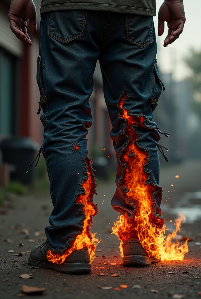 Creates a burn with a pair of pants that was melted by a motorcycle exhaust