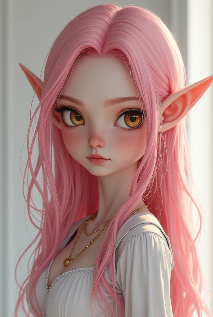 nd 5e Elf girl With pinkish hair, white skin, brownish eyes, slim.