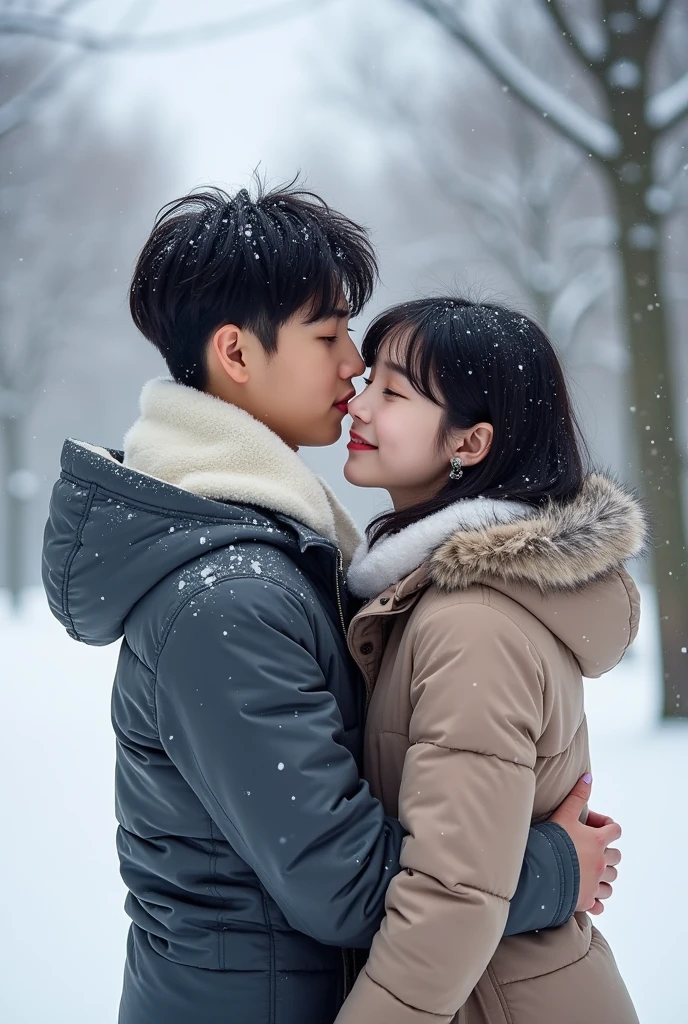 A photo of BTS&#39;s RM with a white girl with black hair in the snow