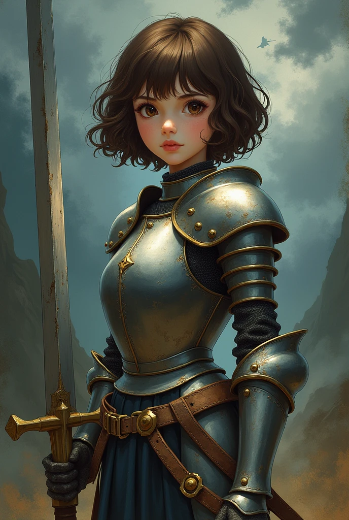 girl with short brown hair and brown eyes with small breast in knight armor dark fantasy retro anime style
