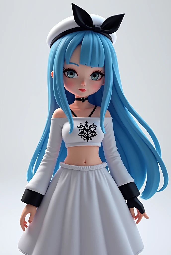 Roblox white girl, blue hair, white bangs, black cap, small elegant black bow behind her head, cropped top with long sleeves and tattoo between the chest and belly, large back skirt and gloves