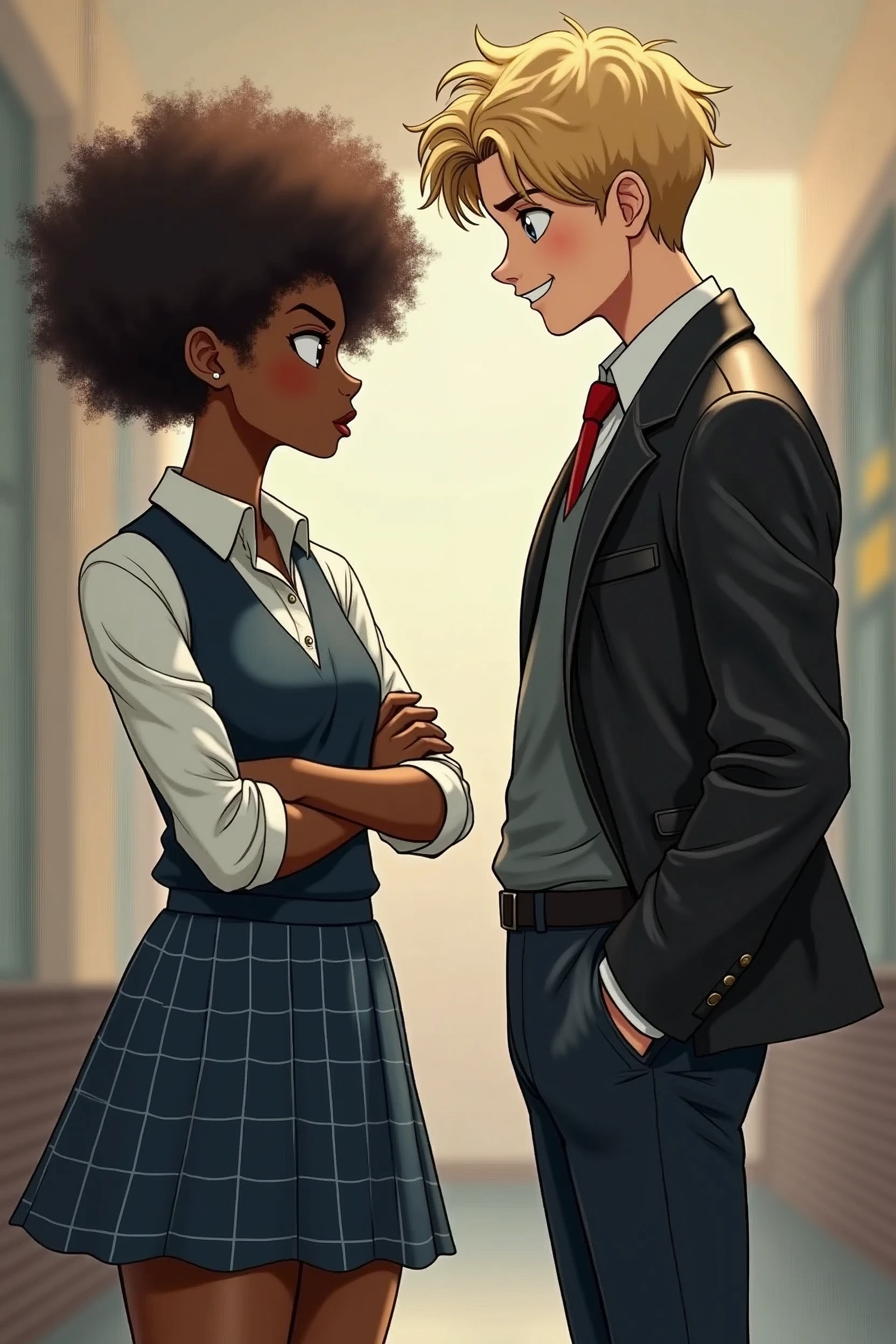 a black woman, with curly hair, Standing with your arms crossed, wearing a school uniform, type navy blue plaid skirt and a formal blouse with a vest also axul on top. She looks at the boy with a more humorous face..
The boy has blond hair, with rebellious curls. He is white, wears formal wear with a black leather jacket, while staring at the woman with a mocking look.
The man is taller than the girl