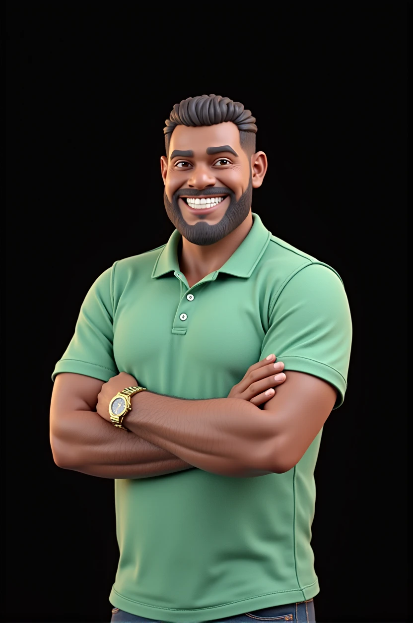 Features of a 3D man in a green polo shirt, jeans, Round face, big cheek, flat nose, cross arm, golden watch, dark-skinned, Grinning corte de cabelo degrade, shorth hair, with a small thin mustache, 3D chubby, cara gordo, Grinning, enderman, dark brown eyes