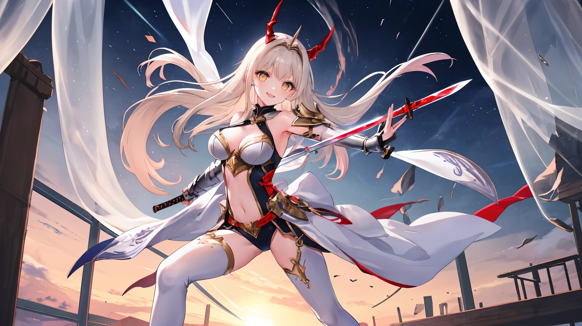 fantasy, 1devil_girl, low_, platina_blond_hair,long_bangs,, bare_shoulder, navel out, thighhighs,silver_armor, red_clothes,waist_armor, Glebe, hold_swords, large_breasts, dynamic_flying_pose,Floating,(pelvic_curtain:1.3), silver_Headgear ,looking_down_at_sunrise_city_sky_background,,slightly_spread_legs, some_swords,some_swords_floating_around_the_girl,solo,horn ,smile,,open_legs,open_arms,rise_knee,rise_leg,rise_thigh,rise_leg,forward_leaning_posture,apart_legs,fang,Shiny_gold_eyes,crotch