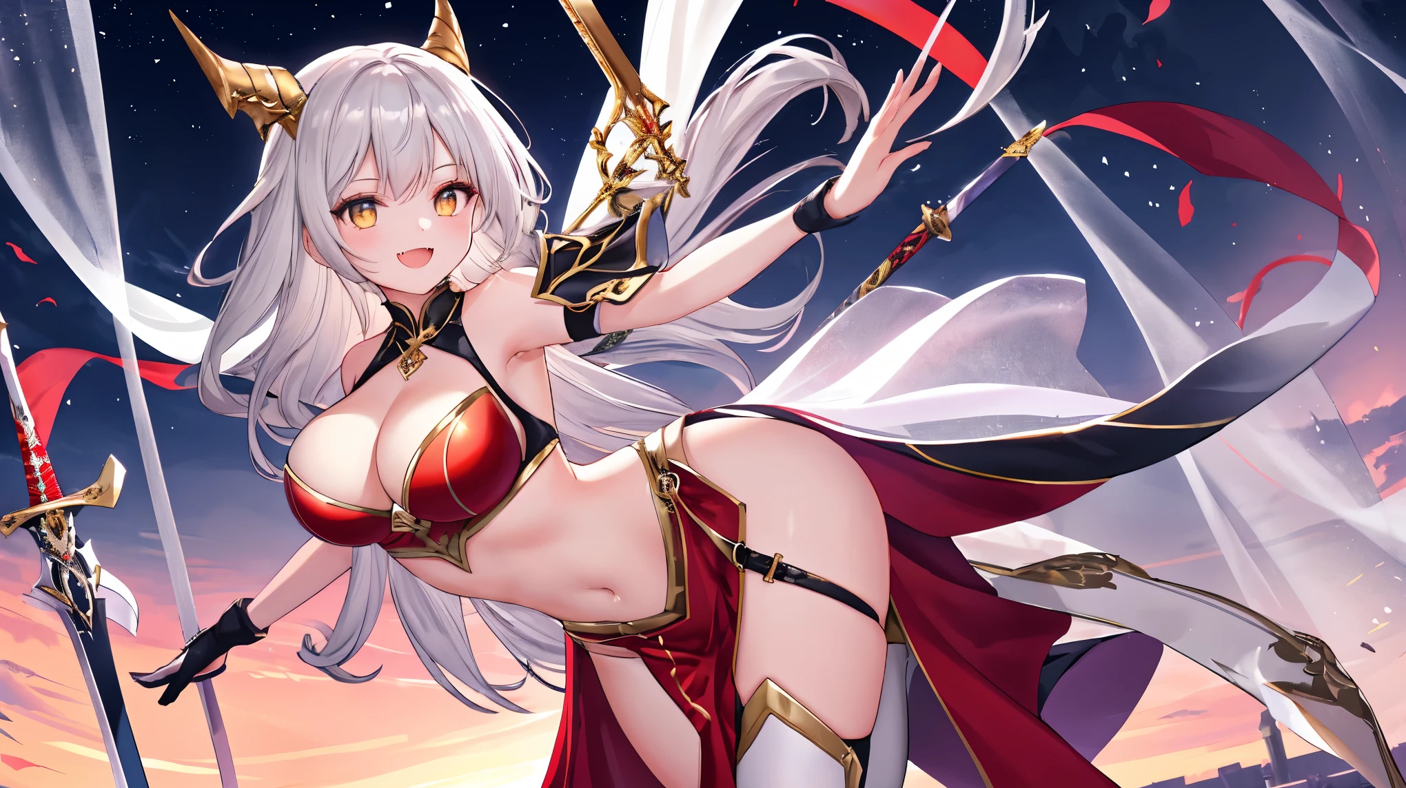 fantasy, 1devil_girl, low_, platina_blond_hair,long_bangs,, bare_shoulder, navel out, thighhighs,silver_armor, red_clothes,waist_armor, Glebe, hold_swords, large_breanamic_flying_pose,Floating,(pelvic_curtain:1.3), silver_Headgear ,looking_down_at_sunrise_city_sky_background,,slightly_spread_legs, some_swords,some_swords_floating_around_the_girl,solo,horn ,smile,,open_legs,open_arms,rise_knee,rise_leg,rise_thigh,rise_leg,forward_leaning_posture,apart_legs,fang,Shiny_gold_eyes,crotch