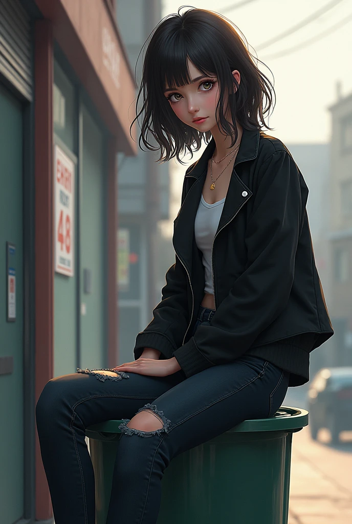 Beautiful girl with wavy short hair, black jacket, ripped jeans, cute, sitting on the trash can, anime
