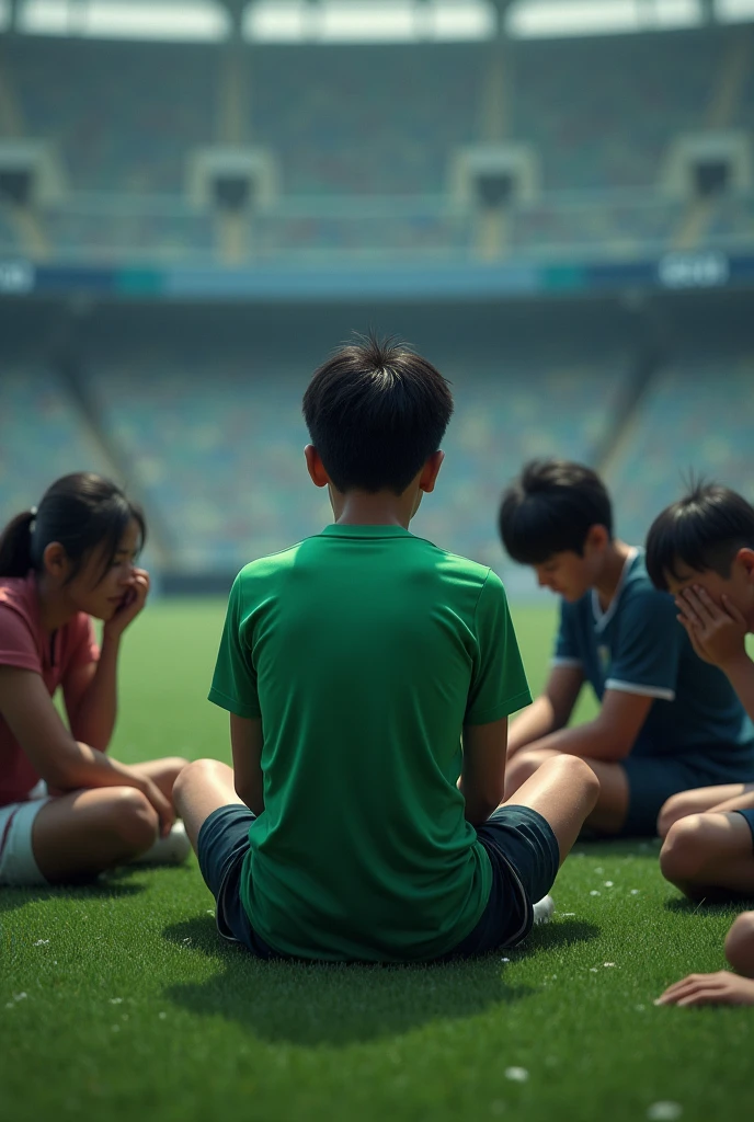 19 year old Japanese player in green shirt with other sad people crying sitting on grass in stadium