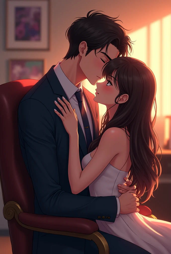 Anime tall brunette male in suit cuddling with his smaller brunette girlfriend in his office on a chair