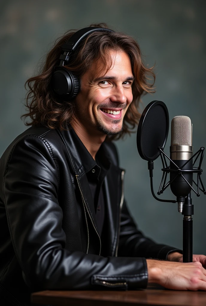 Create a profile picture of Jim Morrison from the Doors smiling, with headphones on his head and sitting next to a podcast microphone, that the image is of profile