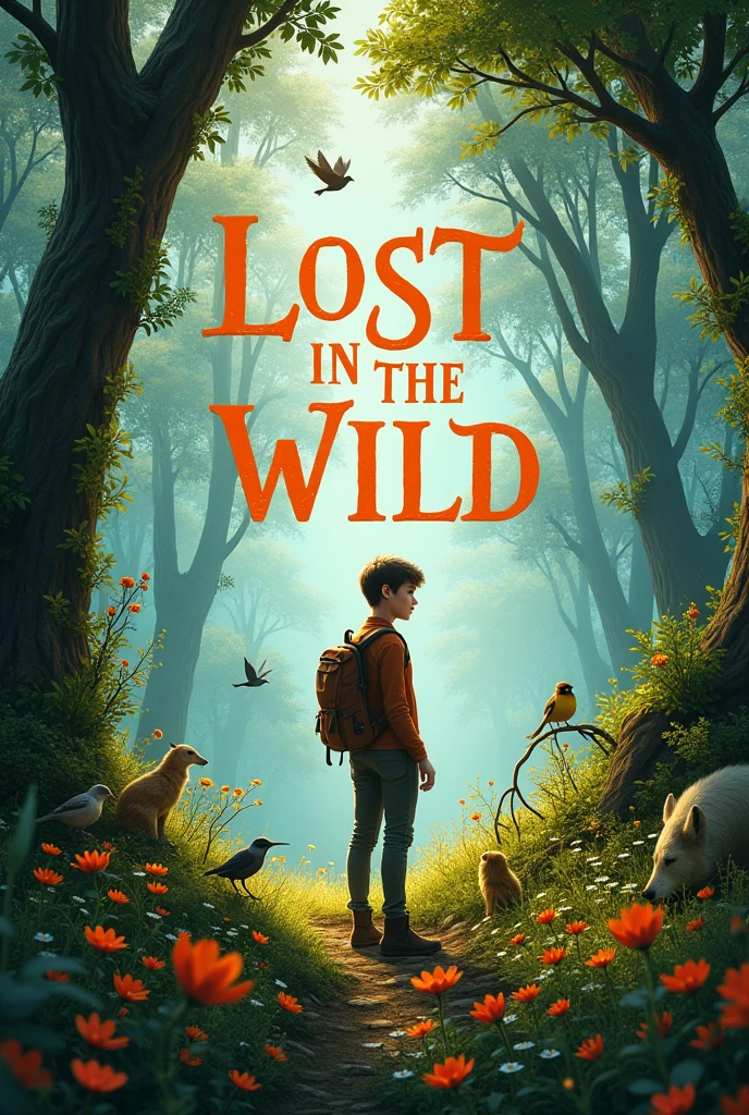 A cover with the title LOST IN THE WILD in nature and decorated with animals and nature around it and with a young man standing in front of it