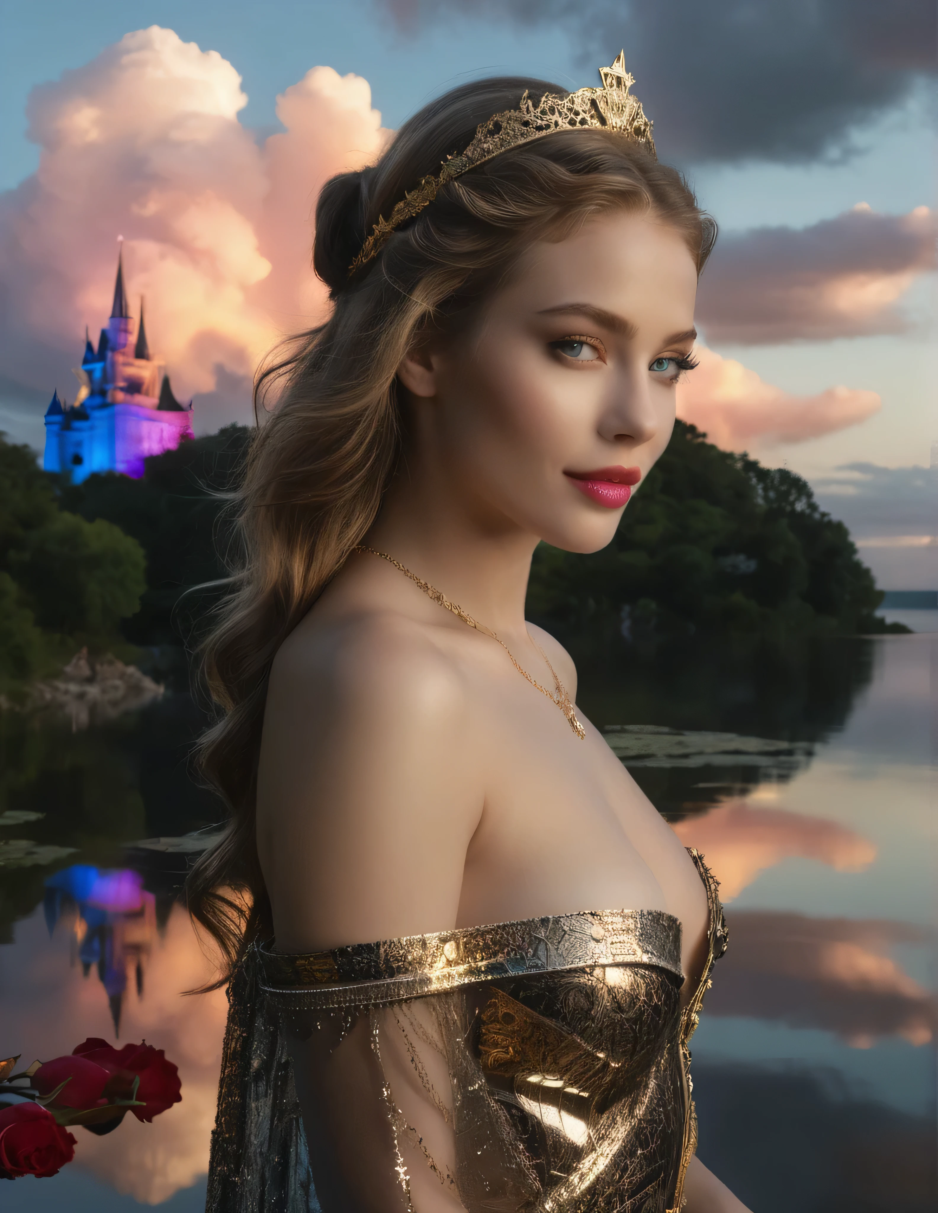 (8k, highest quality, masterpiece, final fantasy style: 1.2), (unRealistic, photoRealistic: 1.37), Dreamy landscape, Fantasy, Unsurreal landscapes, Super detailed, Flying Castle, Floating Island in the Sky, Seven-colored swirl of light, Intense lightning, milky way, Complex Light, Colored light, Large Lake, Starry sky reflected on the lake surface, Countless shining stars, Meteors, Reflections , (A pillar of light emanated from the ground:1,2), roses and orchids gardens , sunset, pink clouds, waterfall in the sky, realistic style, Hyperrealism drawing, a flying pirate spaceship floating at the clouds level, burning skyscrapers, cyborgs, timeless realms, (((stunning princess and her 2 beautiful servants))) , floating hair, pink lipstick, cute, naked shoulders , circlet, sideless, backless, alluring full body shot stylized by Jeremy Mann, Rule of Thirds, shots from different angles of beautiful 20 years old Female fairy, stunningly beautiful and cute,, Wide view, Fearful, natural Colors, hot but scary, womanly, beautiful mesmerizing face and nose, pink lipstick, blue eyes, Gothic style red transparent short gown, expensive accessories, beautiful legs, naughty unique poses, masterpiece, beautiful mesmerizing symmetrical blue eyes, naughty cute smile, fit body,, realistic, hyperrealism, lifelike photography, long brunette hair, smiling,bright light on face ,frontlighting, gown,golden necklaces,golden brochures, beautiful dark blue eyes ,professional makeup, pink lipstick,, realistic, , beautiful mesmerizing faces reflecting from the dark horizon, nebulas and stars at the horizon, dark blue beautiful symmetric eyes ,perfect eyes,extremely detailed face, lifelike photography, ultra high detailed,naughty smile ,high quality ,alluring beauty full body shot, gorgeous Russian girl, awesome action photos, realistic, hyperrealism, fantasy , beautiful fit body, beautiful legs, golden ratio,