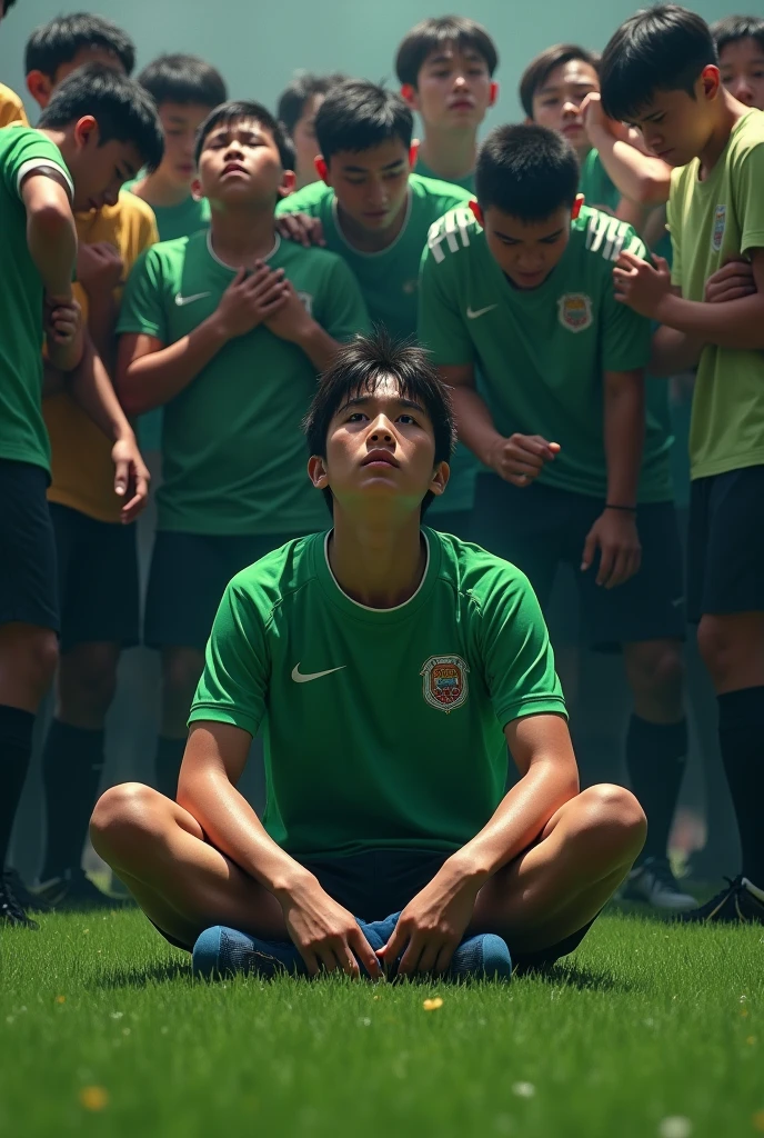 19 year old Japanese player in green shirt with other sad people crying sitting on grass in stadium