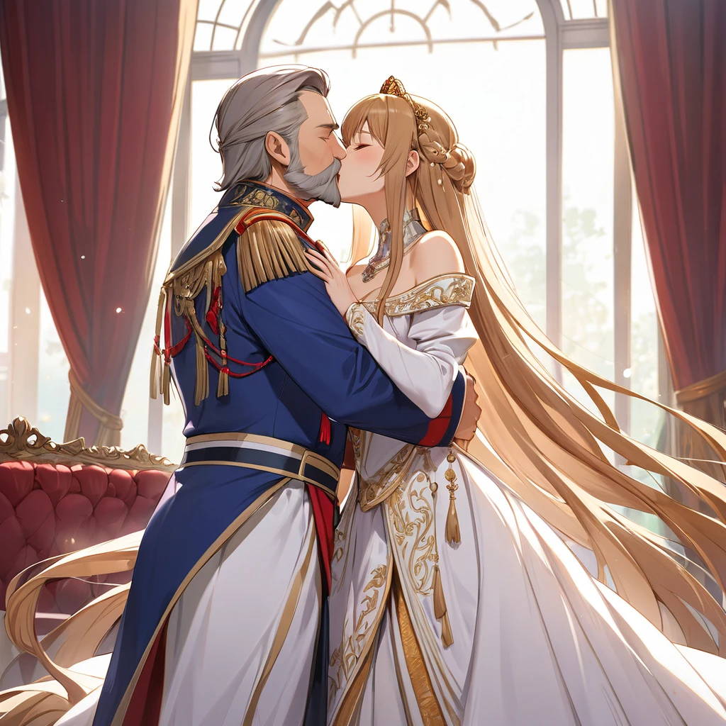 ((Highest quality)), ((masterpiece)), (detailed), （Perfect Face）、The woman is Yuuki Asuna, a Russian with light brown, medium-long hair, an elegant, graceful and beautiful Russian noblewoman, and the Empress of the Great Russian Empire.、The woman is beautifully dressed in the gorgeous and glittering gold-colored Russian court dress of an ancient Russian empress, with gorgeous accessories, and a beautiful and luxurious kokoshnik.、The woman is standing next to a great, dignified, bearded old Russian emperor at a grand wedding.、The woman is embraced by the great Russian emperor in a luxurious palace, they fall in love, kiss each other, and get married.、The woman is embracing the great old Russian emperor, kissing him, making love to him, and looking happy and close to him, the elderly emperor and the beautiful young empress.