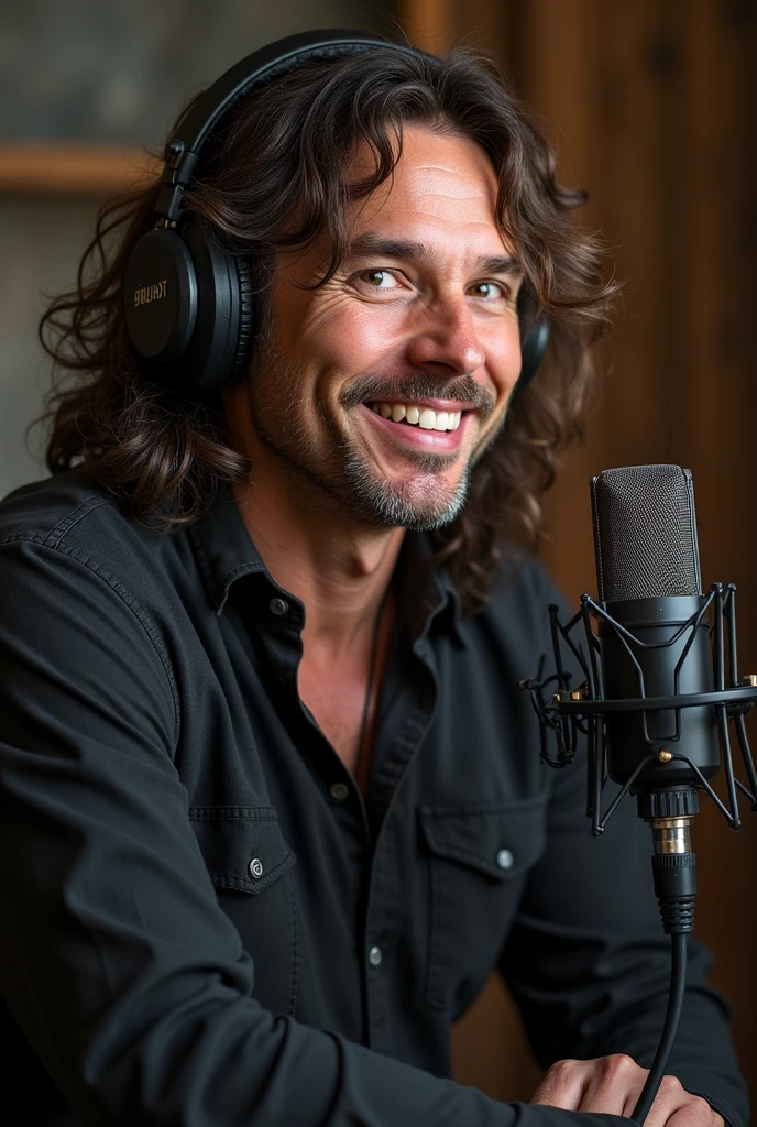 Create a profile picture of Jim Morrison from the Doors smiling, with headphones on his head and sitting next to a podcast microphone, that the image is of profile