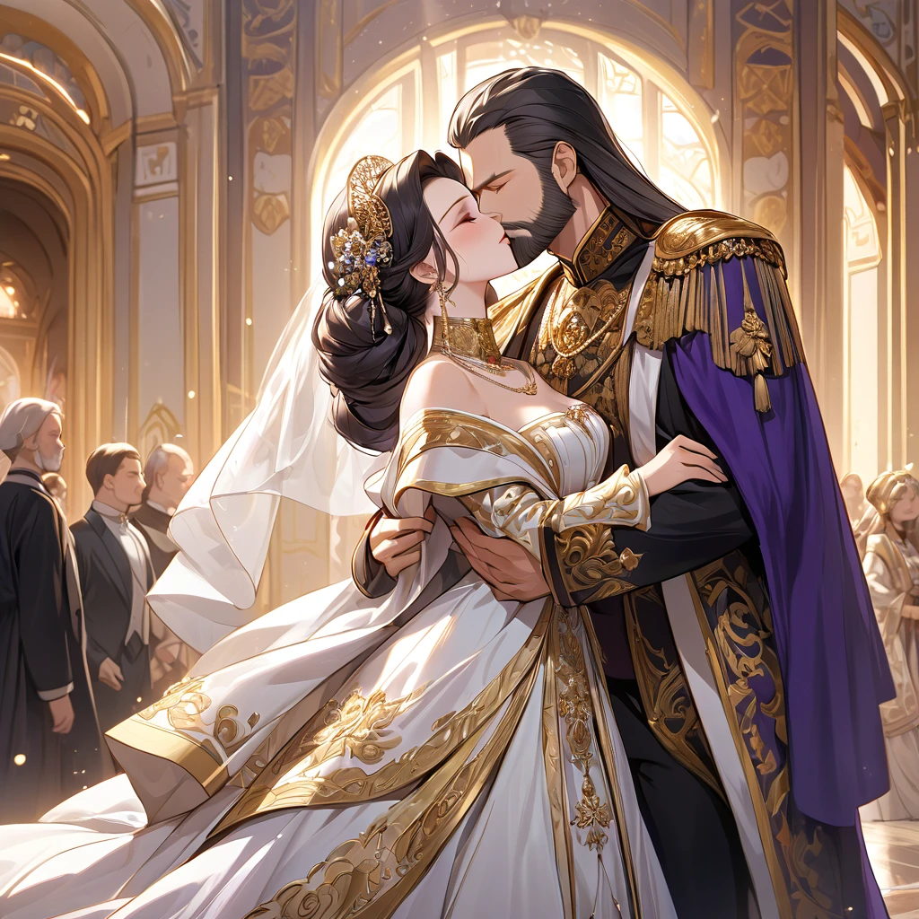 ((Highest quality)), ((masterpiece)), (detailed), （Perfect Face）、The woman is Shinobu Kocho, a Russian with black hair with purple gradient ends, tied in a bob hairstyle, an elegant, graceful and beautiful Russian noblewoman, and the Empress of the Great Russian Empire.、The woman is beautifully dressed in the gorgeous and glittering gold-colored ancient Russian court dress of an ancient Russian empress, accessorized with luxurious accessories and kokoshniks.、The woman is standing next to a great, dignified, bearded old Russian emperor at a grand wedding.、The woman is embraced by the great Russian emperor in a luxurious palace, they fall in love, kiss each other, and get married.、The woman is embracing the great old Russian emperor, kissing him, making love to him, and looking happy and close to him, the elderly emperor and the beautiful young empress.