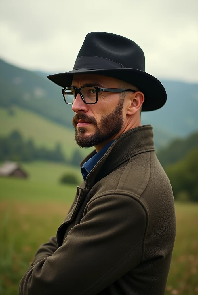A bald man with a short brown beard, glasses and a black hat.
