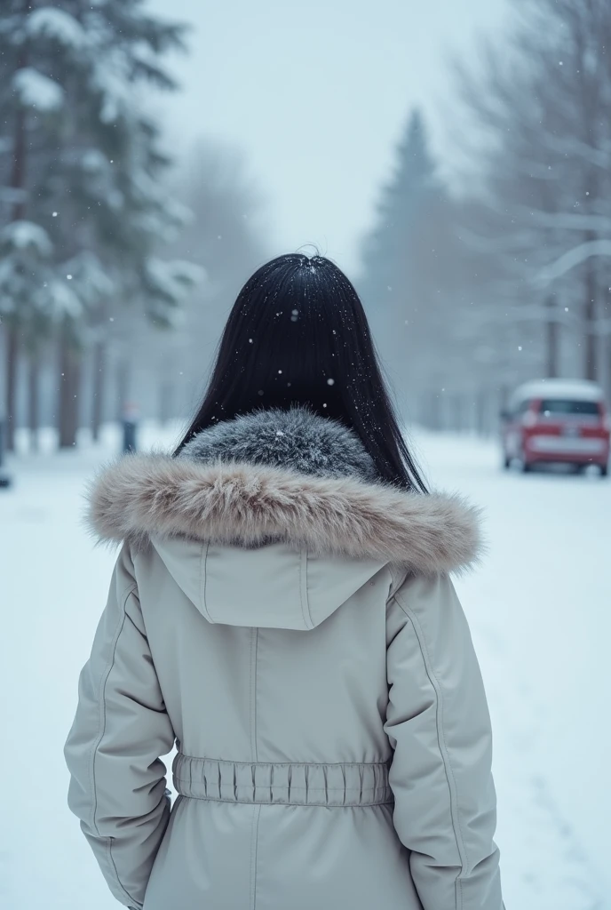 A photo of BTS&#39;s RM from the back with a white girl with black hair in the snow