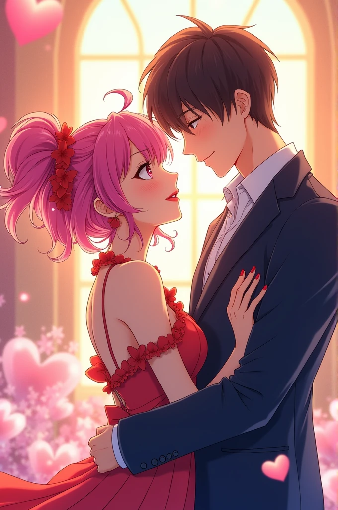 Create a manga cover with the title "Kyūpiddo no Kisu" in Japanese, featuring two adult protagonists in a detailed and colorful anime style. The girl has pink hair and wears vibrant, colorful clothes, while the man is dressed in a suit. The theme is a bright and romantic story of self-discovery, with the girl falling in love with her Cupid, who is the man in the suit. The cover will be well-lit, with expressive characters and a warm, engaging atmosphere.