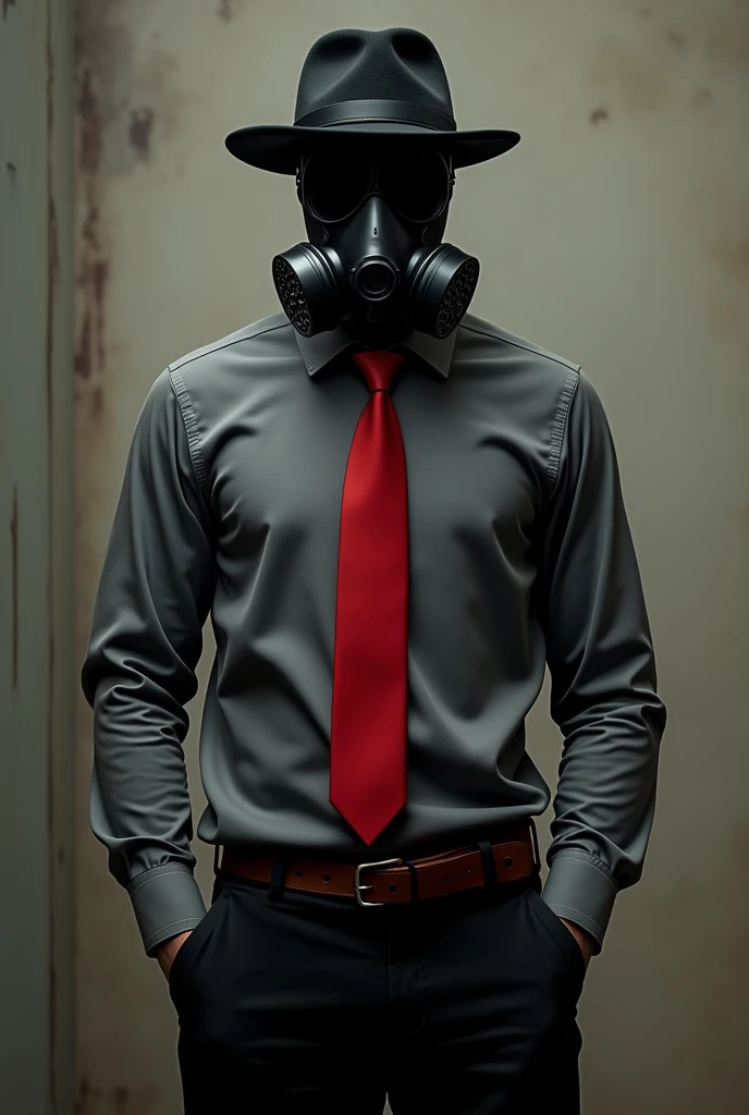  man with black gas mask hiding his whole head, blac hat, red tie, long-sleeved gray shirt, black trousers with brown belt.