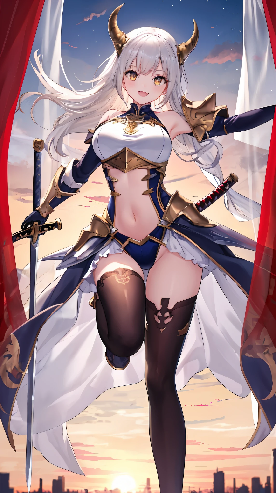 fantasy, 1devil_girl, low_teen, platina_blond_hair,long_bangs,, bare_shoulder, navel out, thighhighs,silver_armor, red_clothes,waist_armor, Glebe, hold_swords, large_breasts, dynamic_flying_pose,Floating,(pelvic_curtain:1.3), silver_Headgear ,looking_down_at_sunrise_city_sky_background,,slightly_spread_legs, some_swords,some_swords_floating_around_the_girl,solo,horn ,smile,,open_legs,open_arms,rise_knee,rise_leg,rise_thigh,rise_leg,forward_leaning_posture,apart_legs,fang,Shiny_gold_eyes,crotch