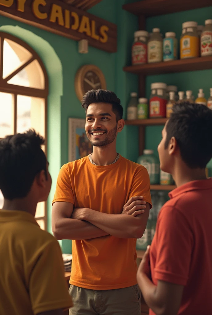 At Carlos's shop : Carlos feels proud to have helped his cousin and his friends understand the importance of being responsible.. Reflect on your own life and how responsibility has helped you grow your store. 
Carlos is 19 years old.
He is Indian Short and well-groomed hair

