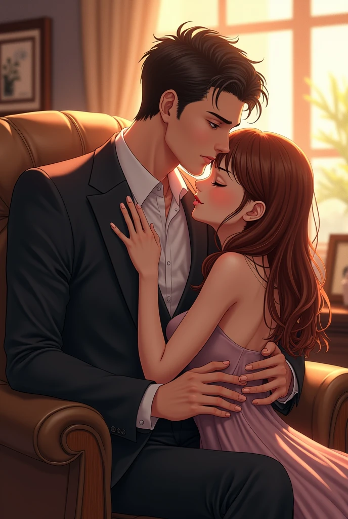 Anime tall brunette male in suit cuddling with his smaller brunette girlfriend who is sitting on his lap in his office 