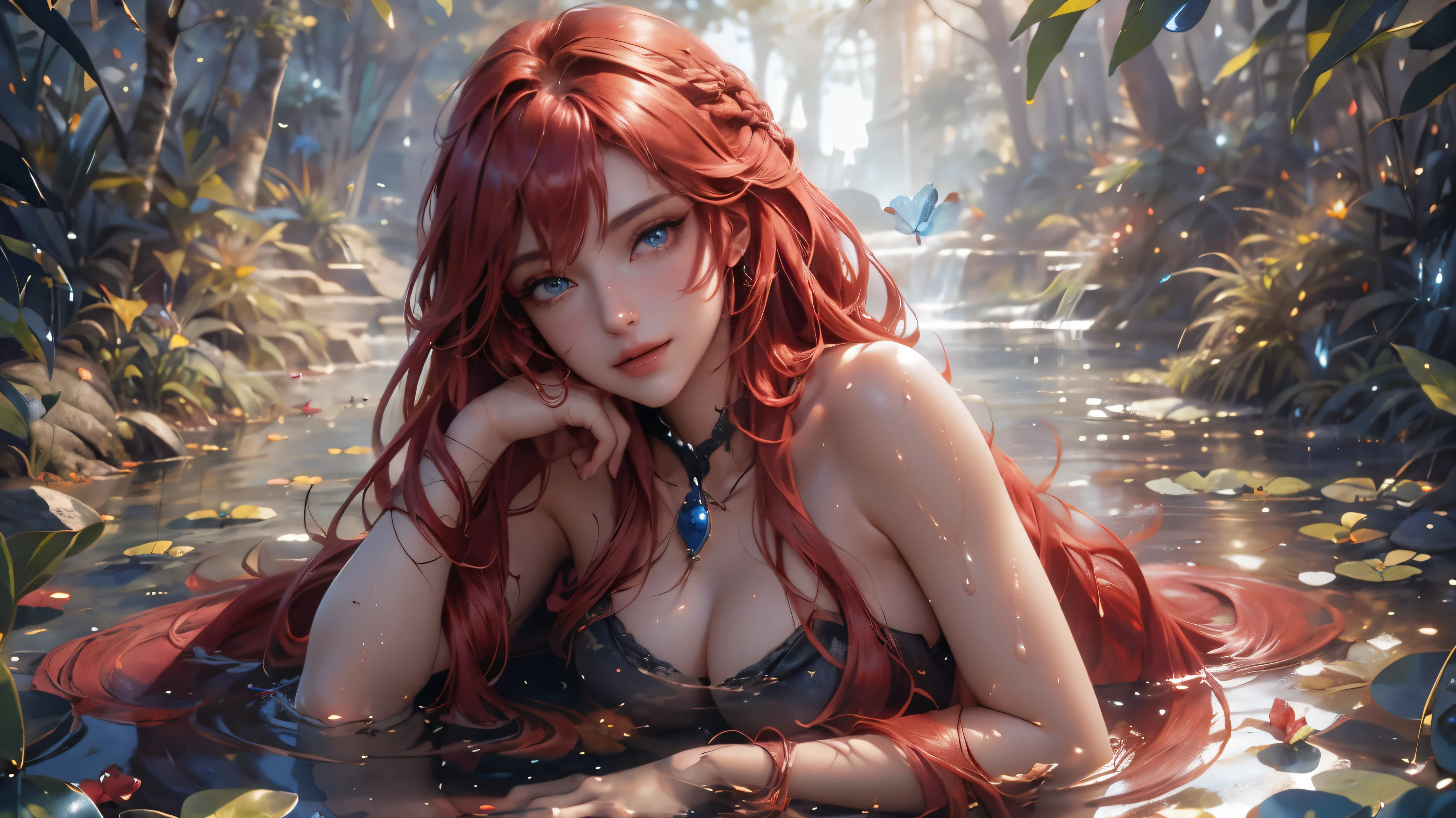 Landscape of an woman, landscape of a very beautiful woman,(((cowboy shot))), Rias Gremory /(High School DxD/), anime style, (((lie sideaways)))!!, (lie sideaways on the shallow water at by the pond), looks at the camera with beautiful blue eyes, (Beautiful blue eye's like sapphire :1.40)!!, Stars in her fixed eyes, (homochromatic eyes)!!!, seductive smile, Cute little nose,  red hair between eyes,  red hair bangs, (red hair)!!, (smooth long braided red hair)!!, ((dynamic composition)), (bare shoulders)!!, detailed realistic hair,  breathtaking rendering, Sweet girl, Best Quality, Masterpiece, Ultra-detailed, Beautiful, hight resolution, Original, CG 8K, perfect artwork, beatiful face, Face Clean, Skin, hyper realistic, Ultra Detailed, A detailed eye, dramatic  lighting, (Realistic) Realistic, Full HD, Best Quality, Best Quality, Beautiful lighting, (8k wallpaper of extremely detailed CG unit), High Details, sharp-focus, The art of dramatic and photorealistic painting, super seductive temptation, Incredibly detailed face, hyper detailed face, A face with a lot of detail, Perfect nose, ((In shallow water)), by the pond, Beautiful butterflies are flying, (((Wet body))), Shiny skin, Fine-grained skin, Fine-grained hair, (Butterflies flying around a 1girl), (Starry sky), forest, Pillar of Light, water lily, mosses, crystal clear clean water, Moonlight, Glitter, (Midnight, Dark)