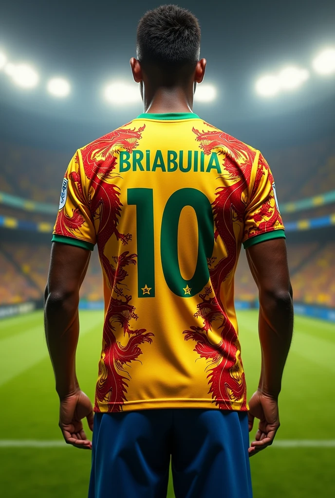Brazilian football uniform with the number 10 on the front with red dragons and the color gold