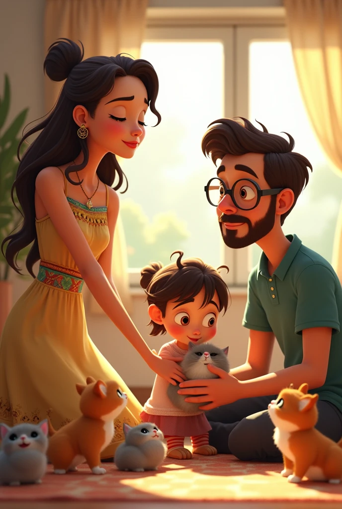 Animated tall thin hippie looking woman with a chubby 7 year old girl with loving kittens and a man in a polo shirt with reading glasses 