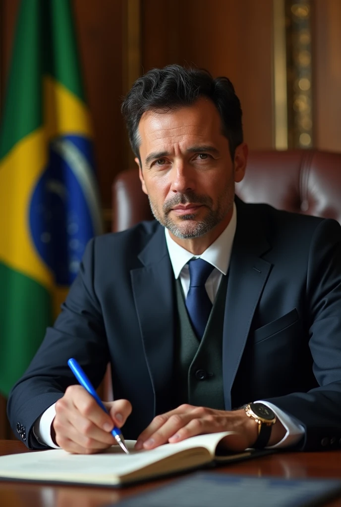 ((best quality)), ((masterpiece)), (detailed), perfect face, man, short black hair, 35 years old, no beard, no mustache, determined look, as president of Brazil, Sitting in the presidential chair, signing laws with a blue pen, This law will recover all state-owned companies that were privatized, determined face, the Brazilian flag is in the background