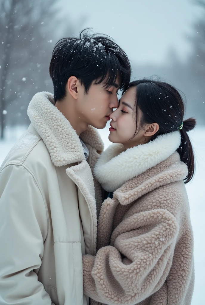 a photo of BTS RM with a white, black-haired BRITISH girl in the snow