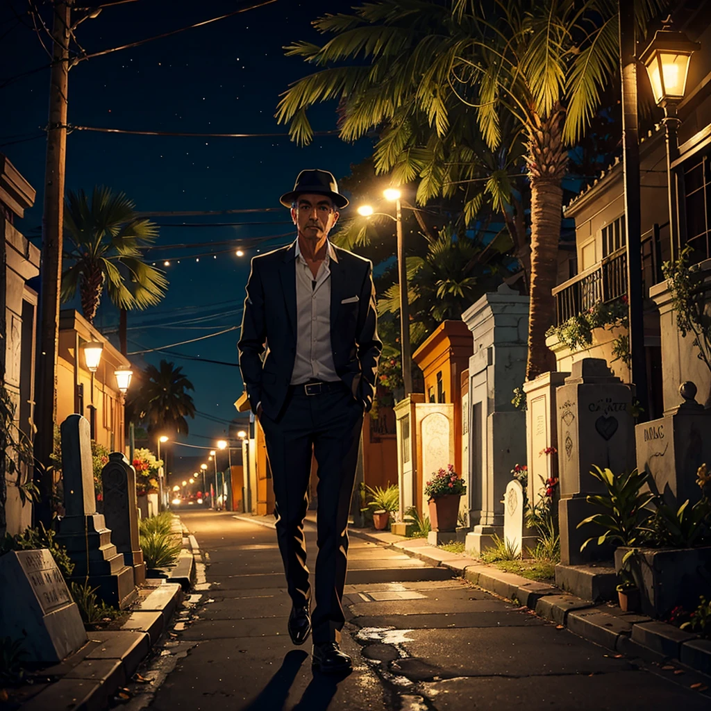 latin street man, cemetery, streets lights, chicano