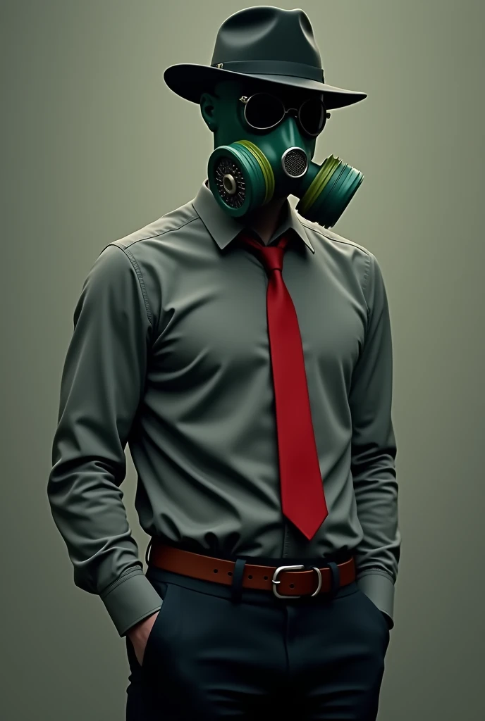 man with green gas mask hiding his whole head, blac hat, red tie, long-sleeved gray shirt, black trousers with brown belt.