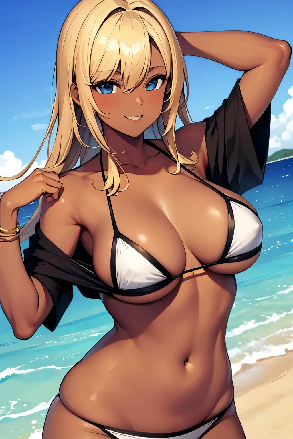 Masterpiece, Best Quality, Beautiful Face, Blonde, Dark Skin, Smile, Bikini, Shirt,
