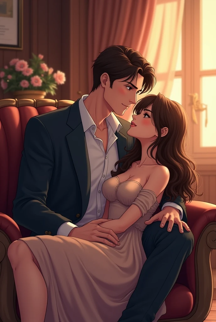 Anime tall brunette male in suit cuddling with his smaller brunette girlfriend who is spreading his lap in his office 