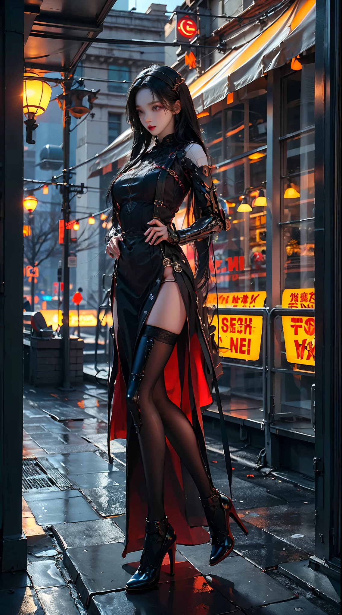 Masterpiece, best quality, high resolution, one woman, from below, very thin and straight legs, very long legs, straight legs, high heels, long legs, perfect body with perfect legs, front view showing long legs, perfect body, exterior, telegraph slang, dynamic pose, exquisite eyes, brown eyes, eye shadow, wearing makeup, long blonde hair, detailed face, detailed eyes, looking at viewer, blusher (wearing makeup), plump lips, red lips, long gray hair (1.3), mechanically static, summon mech, headdress (1.1), headgear, dressed like a student in , black lace stockings, stocking suspenders, city, luminous winding, with a gun in hand, weapon, completely mechanical and futuristic elements, technology, background is modern New York City streets with cars passing by, sky, slim (1.2), dramatic lighting, vivid details.