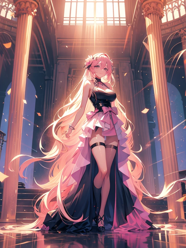 It works, Best Quality, Girl, long hair rosado alternative, absurdly long hair, blonde hair, bow hair, water eyes, seductive smile, language, light eyes, long eyelashes, big breasts, mole on chest, pink shirt, neckline, short black skirt, shoe, pink dress during, hair Exit, flower Exit, hair_Exit, hair_Exit, hair_flower, whole body.